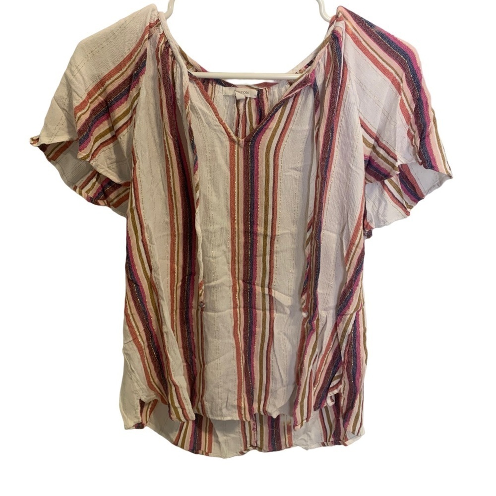 💜 Maurice Striped Ruffle Sleeve Blouse | Pink Blue Gold White | Women's XL